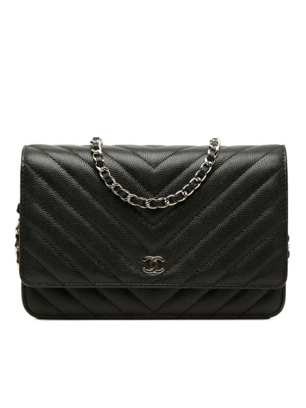 Chanel CC Logo Chevron Chain Wallet Shoulder Bag Black Silver Caviar Leather
